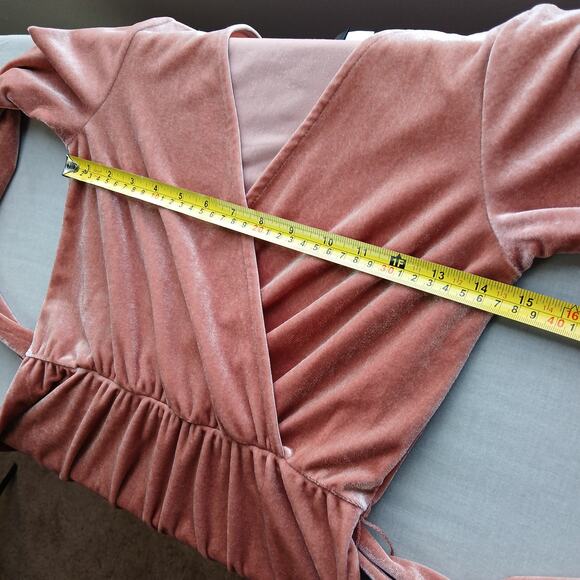 Divided Dusty Rose Velvet Dress size 4 long bell sleeves faux wrap waist tie - Picture 3 of 10
